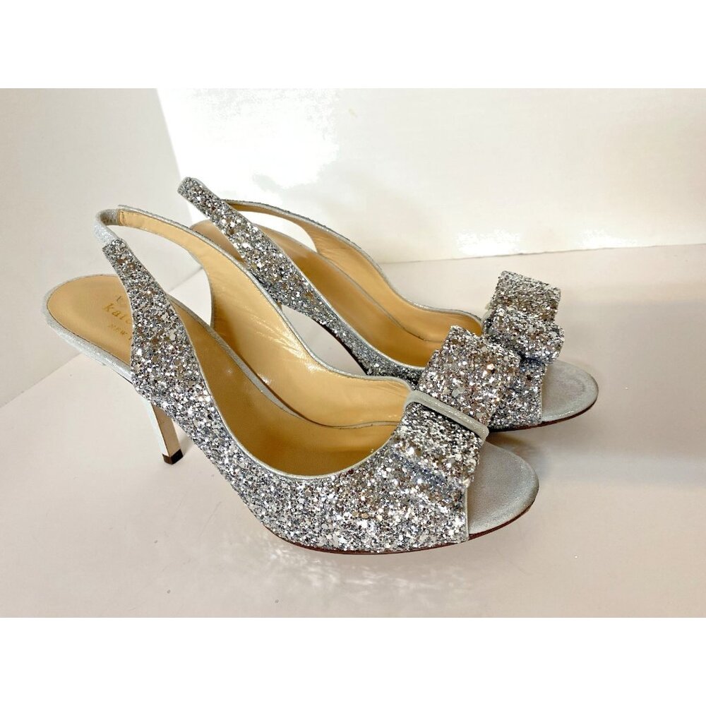 Kate Spade Women’s 7.5 New York Charm Silver Glitter Slingback Pump Heel EUC